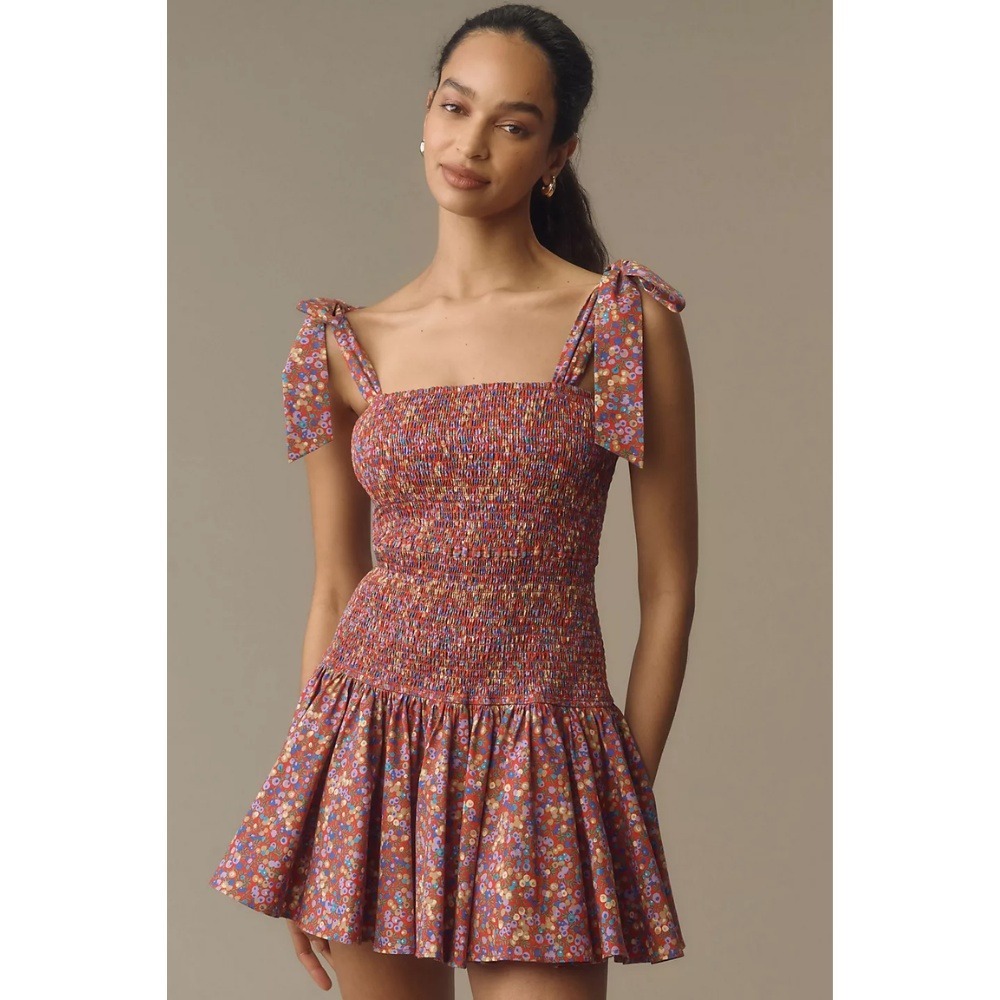 NWT Anthropologie Atsu Tie-Shoulder Smocked Mini Dress XL Floral Print